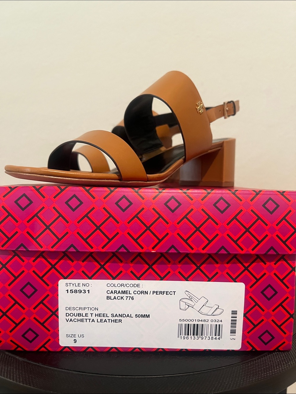Tory Burch Double T Heel Sandals 50mm Caramel Corn/Perfect Black Size 9 NIB - Picture 7 of 11